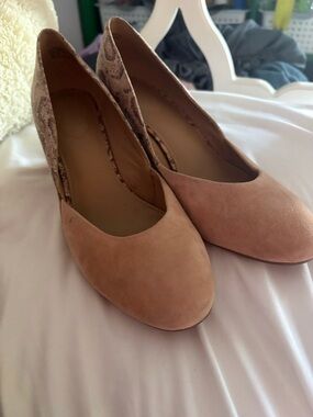 Blush Suede Wedge Pumps with Snakeskin Heel Accent